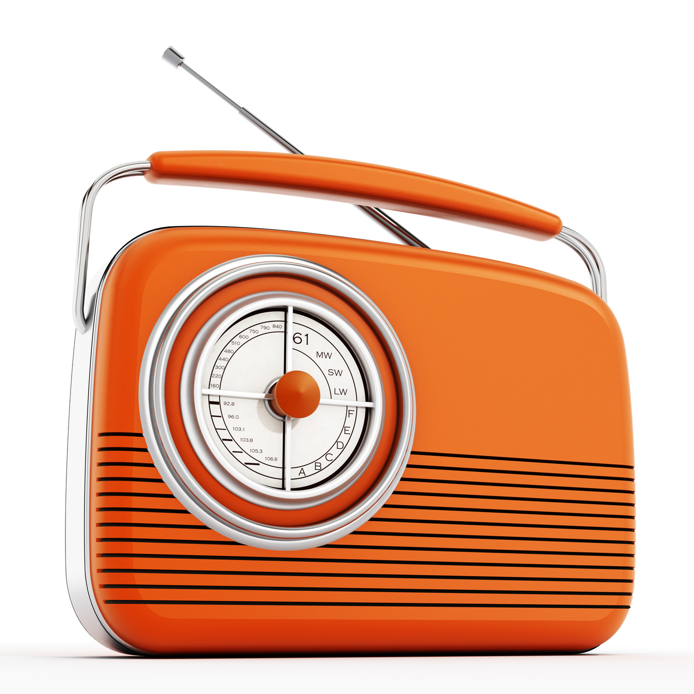 Orange vintage radio isolated on white background
